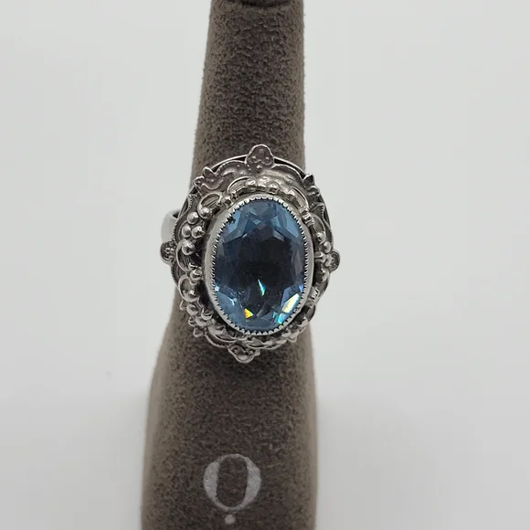 Vintage Adjustable Whiting And Davis Statement Ring Blue And Clear Stone Size 6 - Picture 5 of 12